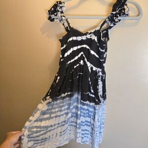 Kiwi + Punch Black and White Tie-Dye Mini Dress Flutter Sleeves Smocking Detail